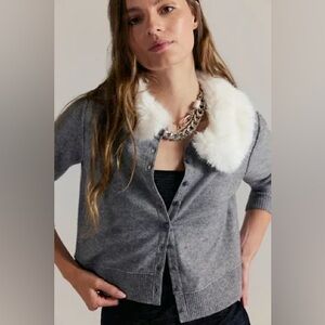NWT! FP Free People Nocturnal Faux Fur Collar Cardi Sz Small